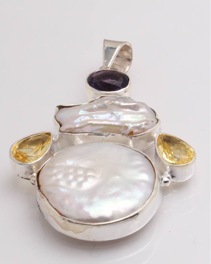 Pandantiv argint perla de cultura, citrin, ametist cod 6-32375. gr10.6