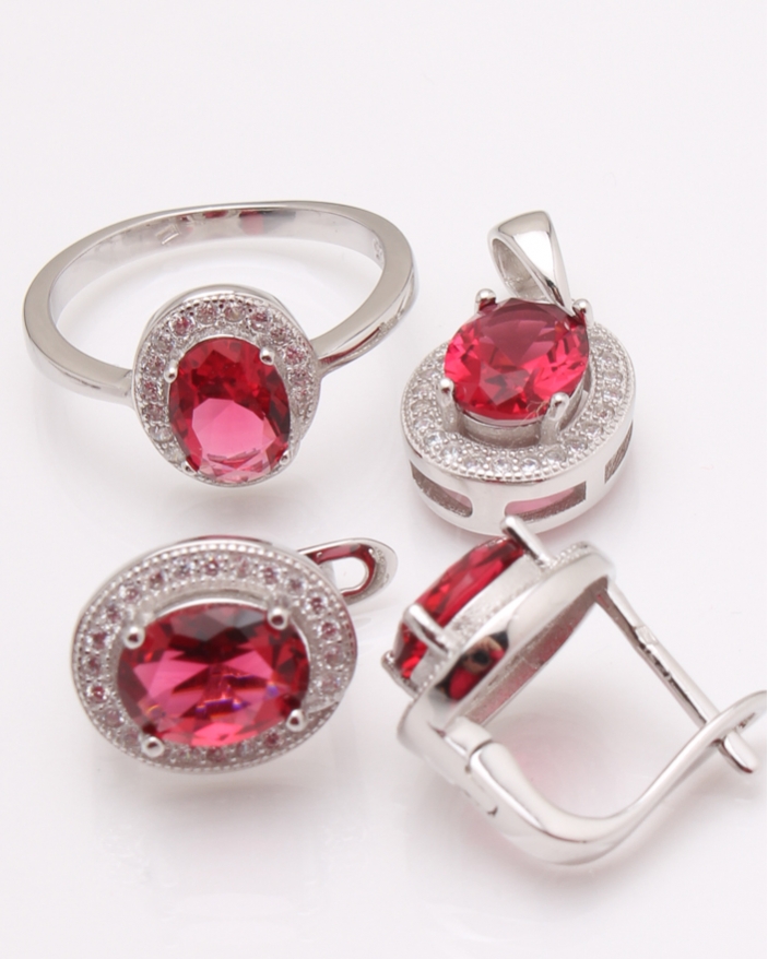 Set argint piatra ovala fucsia cod 3-24590, gr9.6