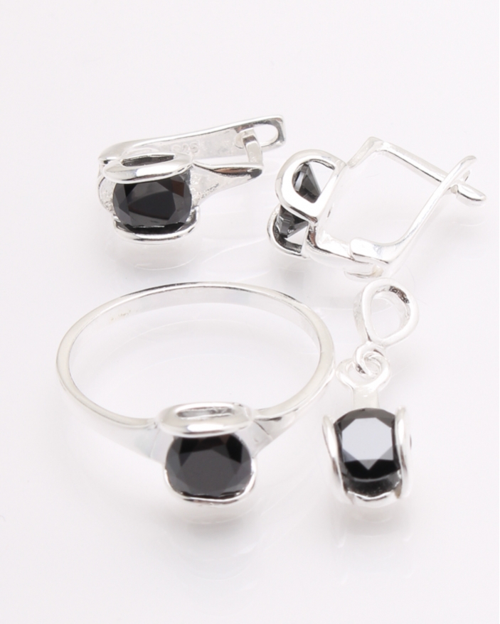 Set argint cu piatra neagra rotunda cod 3-26556, gr5.9