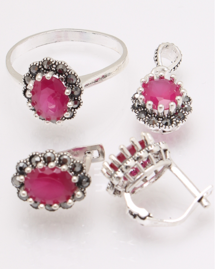 Set argint cu piatra ovala fucsia cod 3-27551, gr8
