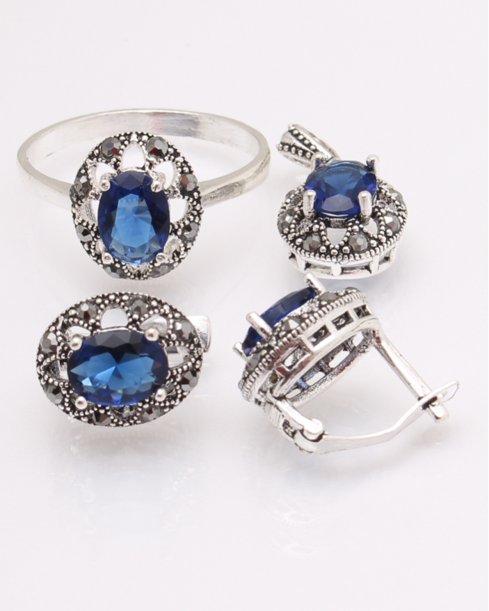 Set argint cu piatra albastra si marcasite cod 3-29689, gr8.1