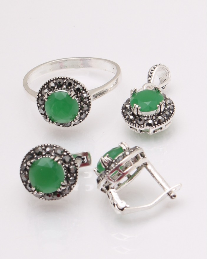 Set argint cu piatra verde si marcasite cod 3-29695, gr7.3