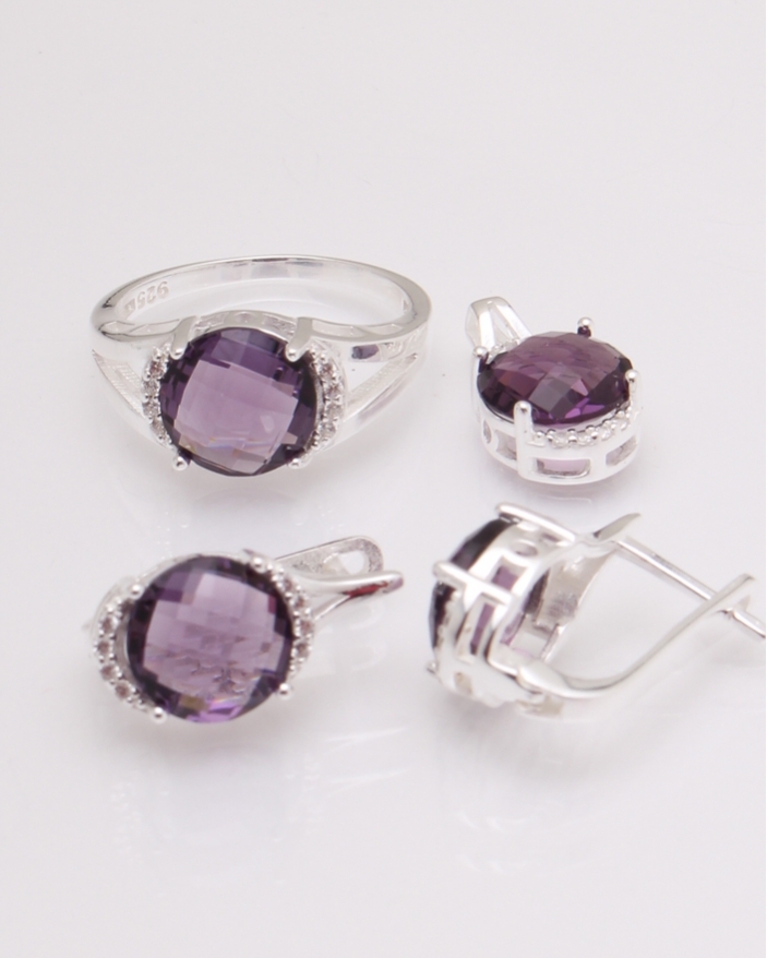 Set argint cu piatra rotunda lila cod 3-30284, gr10.6