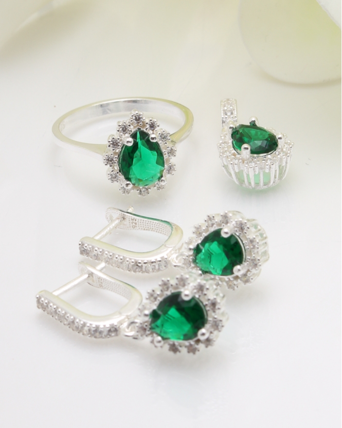 Set argint piatra verde lacrima cod 3-35823, gr8.7