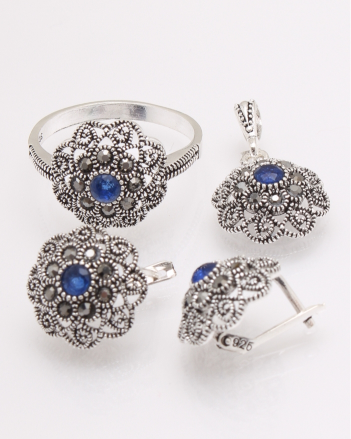 Set argint piatra albastra si marcasite cod 3-27514, gr8